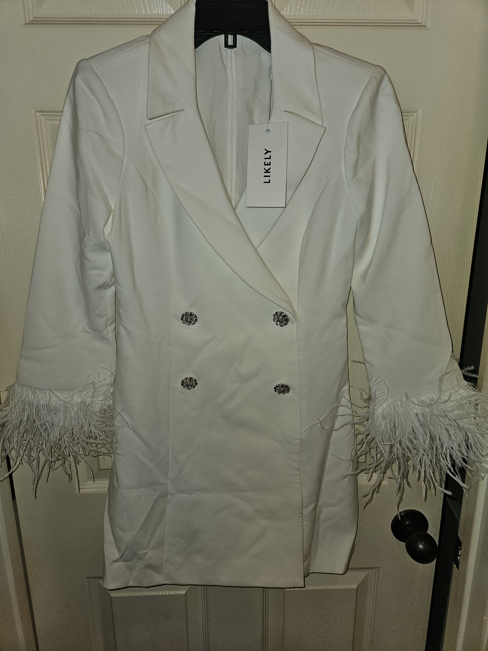 Likely White Feather-Cuff Double-Breasted Mini Blazer Dress